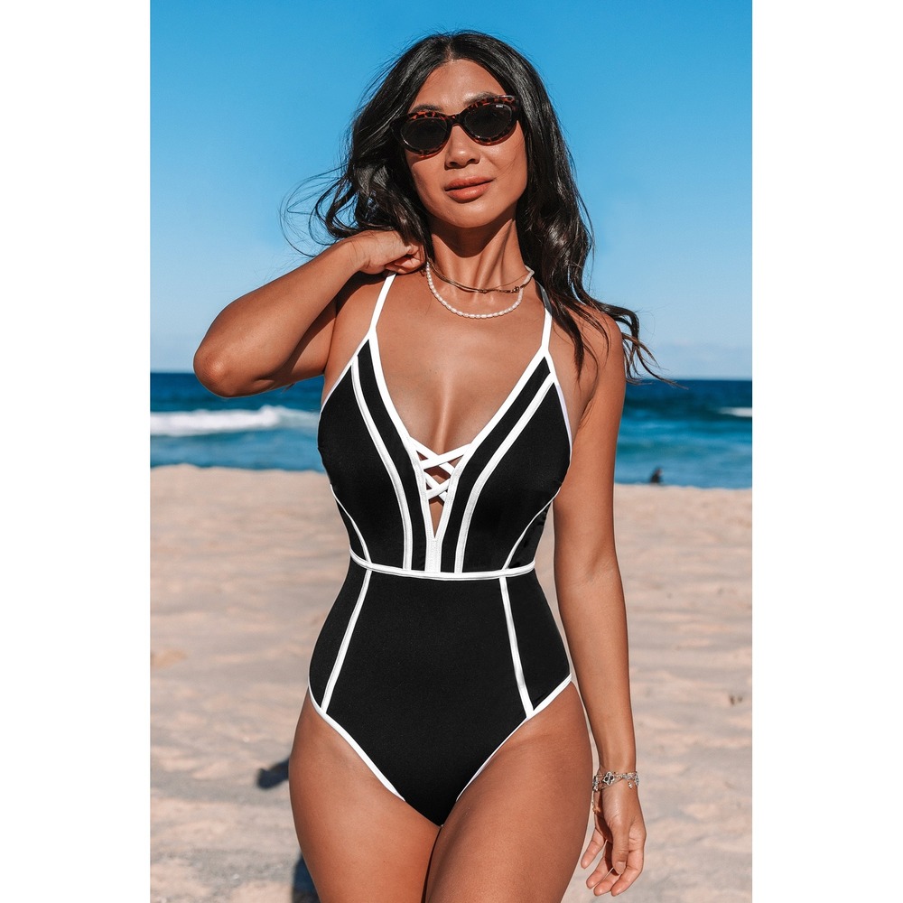 Cupshe Slim & Sculpt Black White Lace Up One Piece Swimsuit CAA12E4D114AA Medium